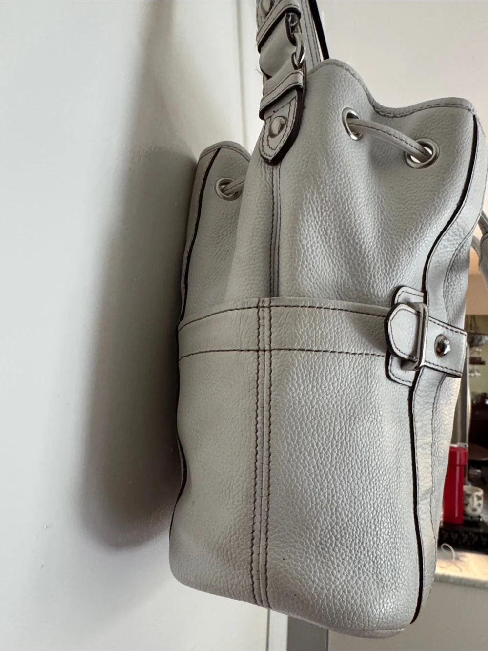 Tignanello White Pebbled Leather Drawstring Hobo